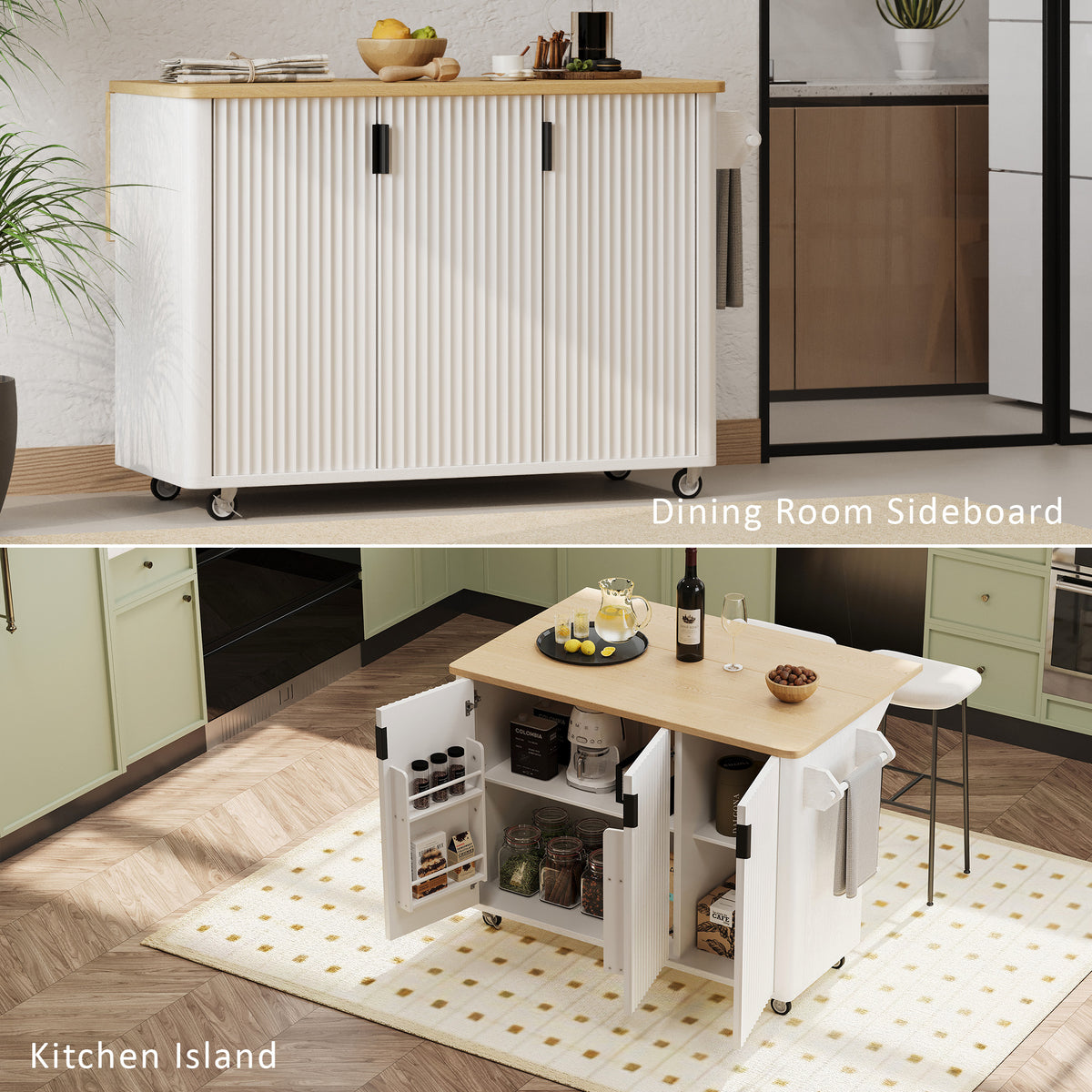 variant-group:rf-n707p221446w|Roomfitters 51" Fluted Kitchen Island with Drop Leaf, Rolling Cart with Storage Rack, Farmhouse Style, Towel Rack, White
