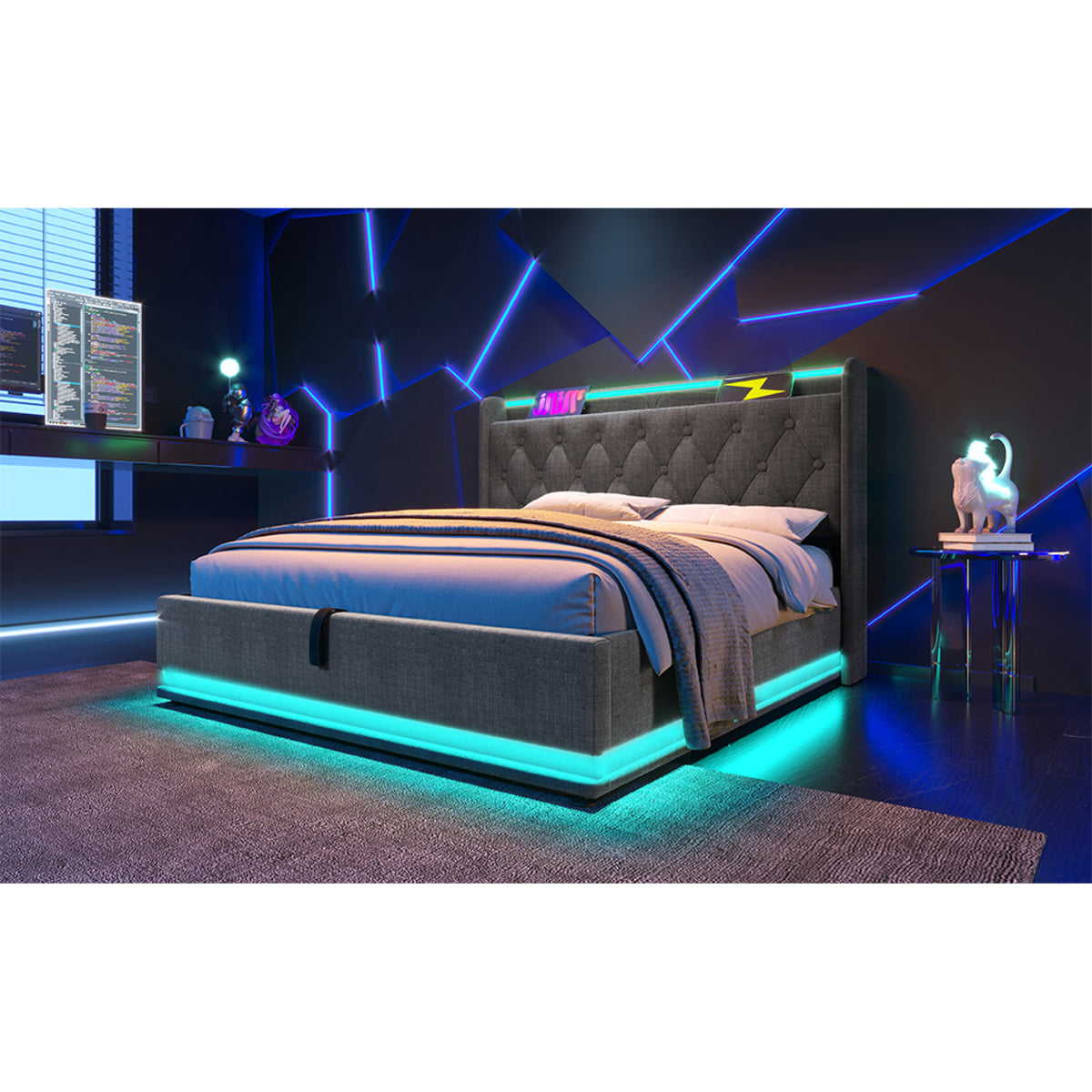 variant-group:rf-n736p188808g|Roomfitters King Size Upholstered Storage Bed with USB Type-C Charging and Remote Control, Linen Gray