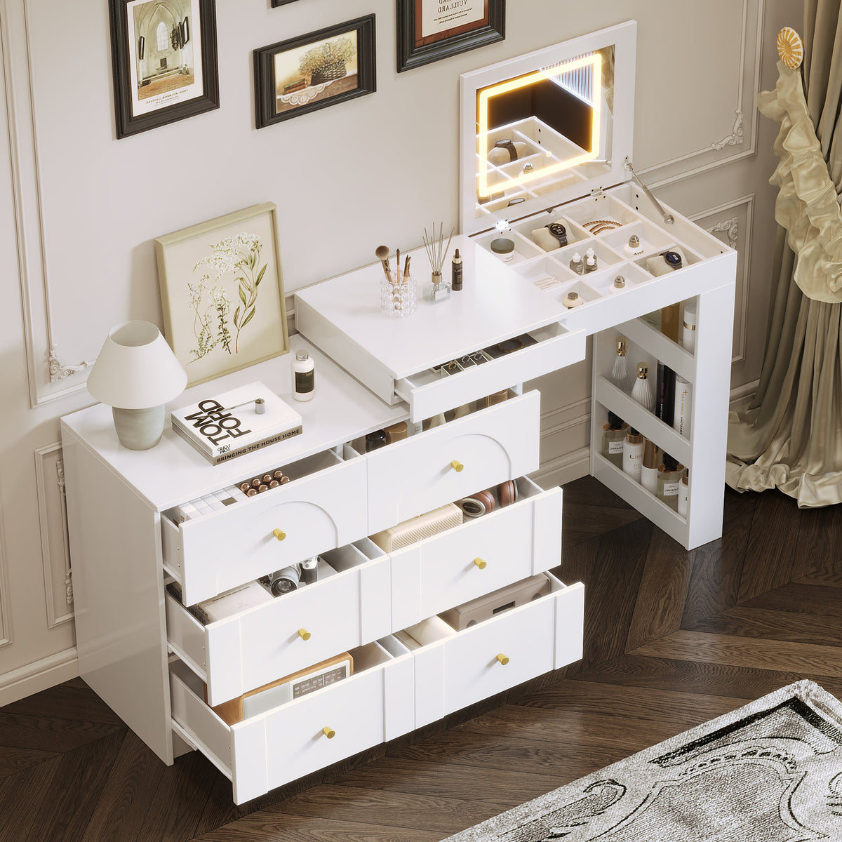 Roomfitters Vanity Desk with Mirror & Lights, Flip-Top Makeup Table with 7 Drawers, 9 Compartments, 3 Shelves, White