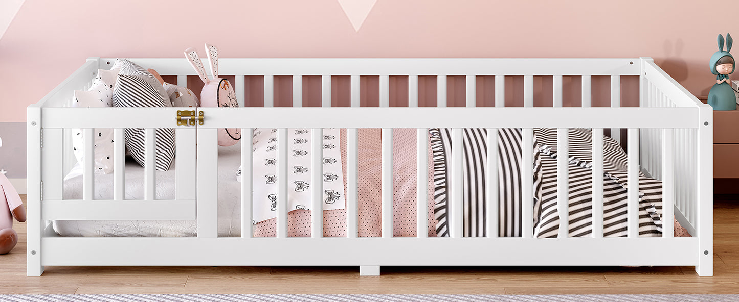 variant-group:rf-w1580p338950|Roomfitters Wooden Full Floor Bed Frame with Door & Safety Guardrails, Low Platform Design for Bedroom or Playroom, White