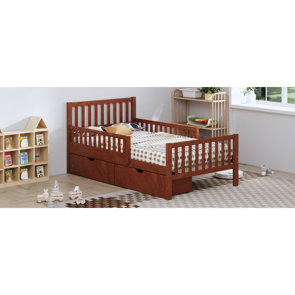 variant-group:rf-n733p172696d|Roomfitters Twin Size Wood Platform Bed with Guardrails and 2 Storage Drawers, Walnut