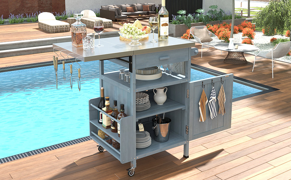variant-group:rf-n707p228272g|Roomfitters 40.5" Outdoor Grill Cart with Stainless Steel Top, Wood Storage Cabinet, Drop Leaf, Rolling Cart, Blue Grey