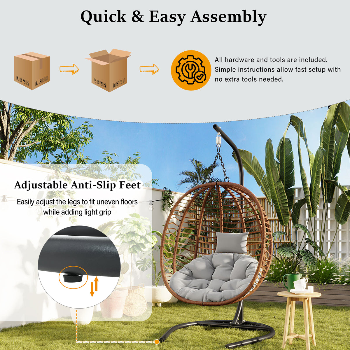 variant-group:rf-n711p389503g|Roomfitters Single Person Folding Egg Chair with Stand, UV Resistant Wicker Rattan Swing for Patio, Garden, Brown+Gray