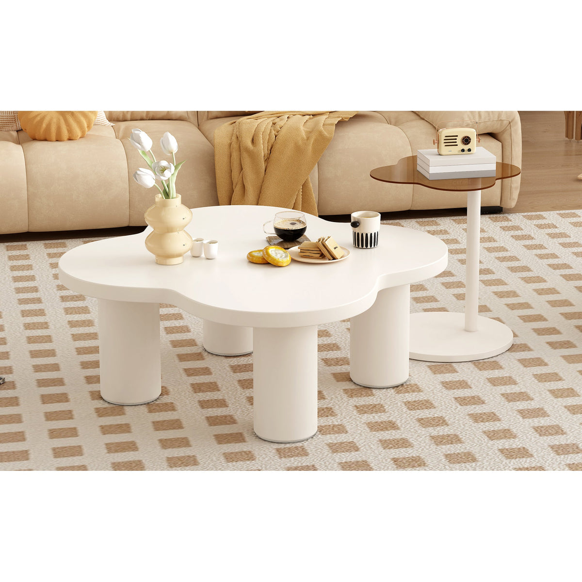 Roomfitters Modern Coffee Table Set of 2 with Irregular Shape and Glass End Table, Roman Column Legs, White Roomfitters