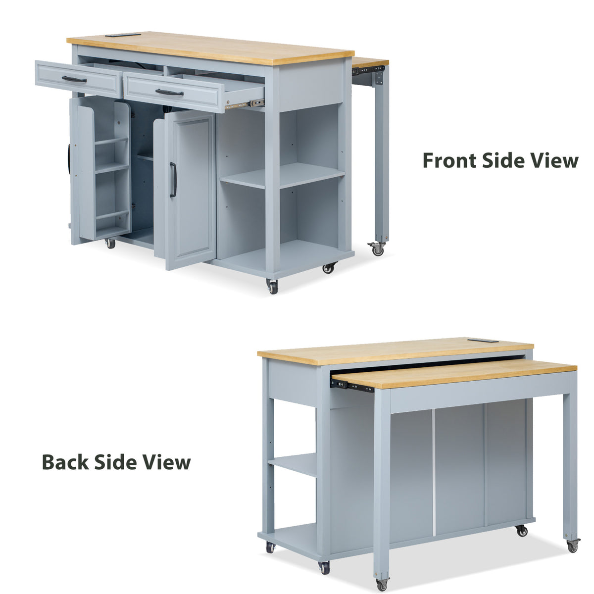 variant-group:rf-n707p215327g|Roomfitters 47" Kitchen Island with Extendable Dining Table, Storage Cabinet, Power Outlet, Rubber Wood Veneer, Grey Blue