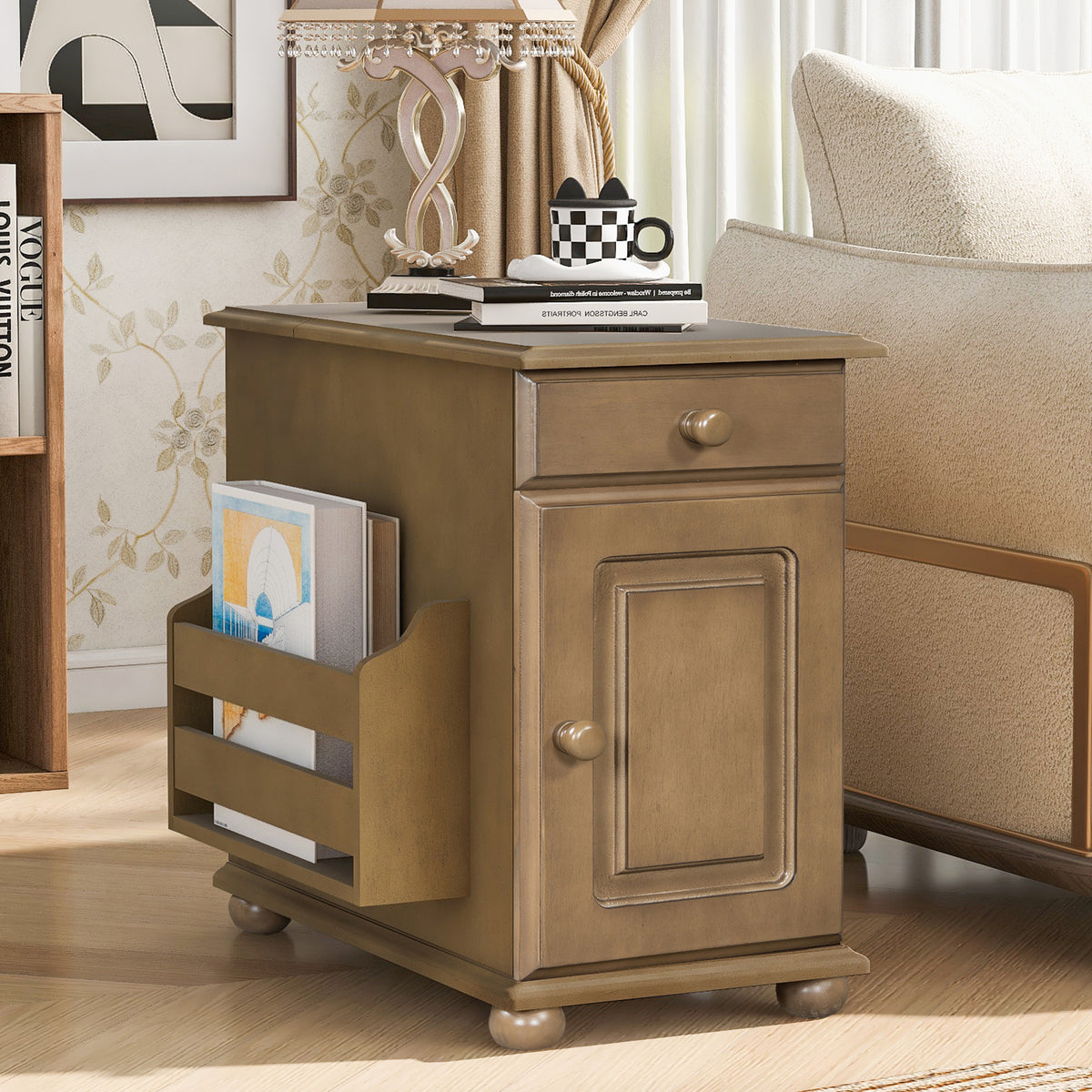 variant-group:rf-n724p293133d|Roomfitters Vintage Sofa Side Table with USB Ports, Flip Top, Cup Holders and Bookshelf Storage for Small Spaces, Brown