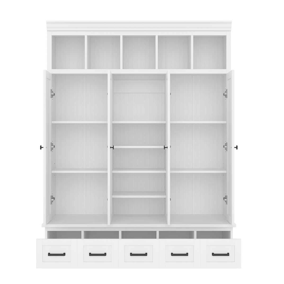 variant-group:rf-n724sj000139aak|Roomfitters 78.7" Hall Tree with Bench, 5 Cubbies, 4 Doors, 5 Drawers, Adjustable Shelves, White
