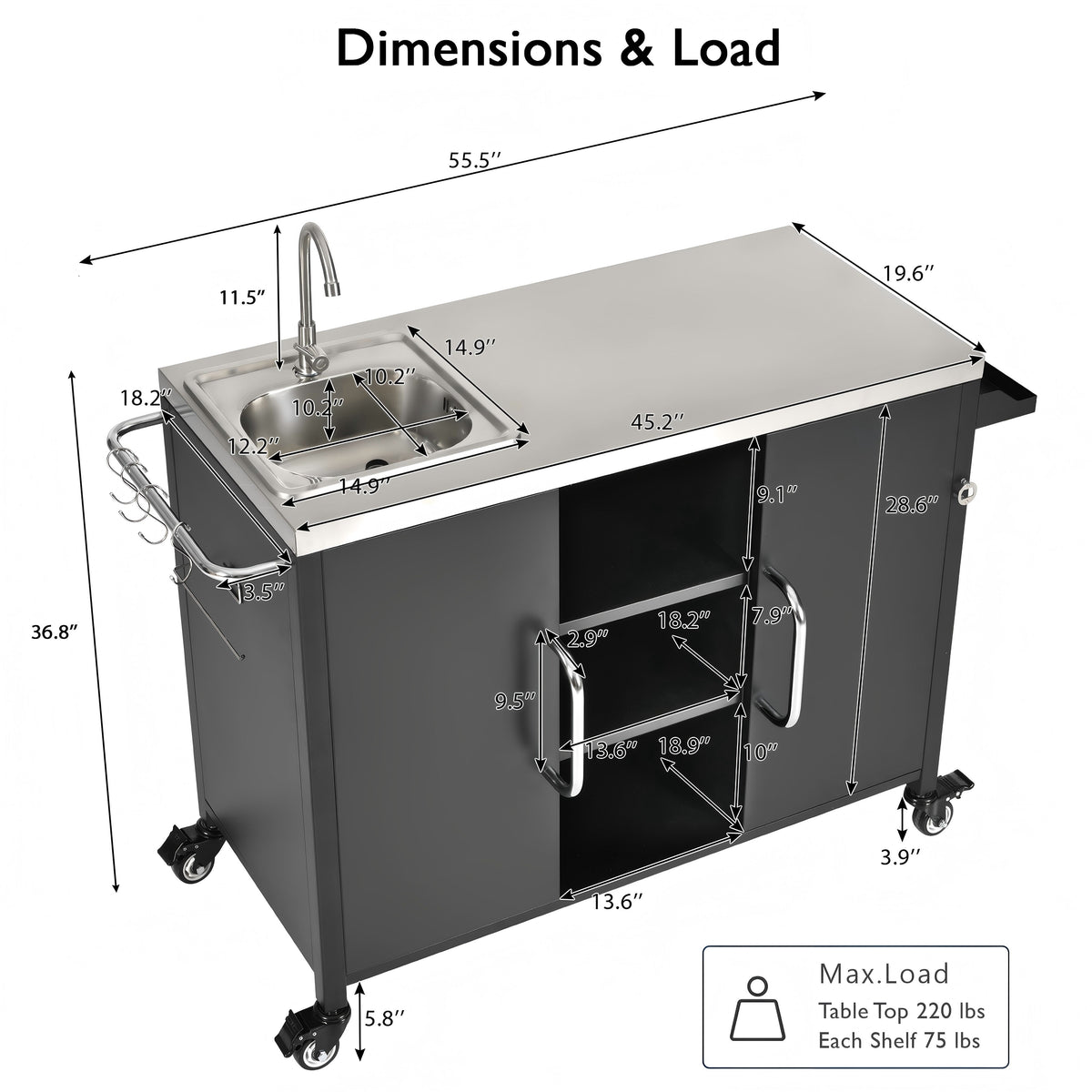Roomfitters 55.5" Outdoor Kitchen Island with Stainless Steel Sink, Rolling Grill Prep Cart & Storage Cabinet, Black