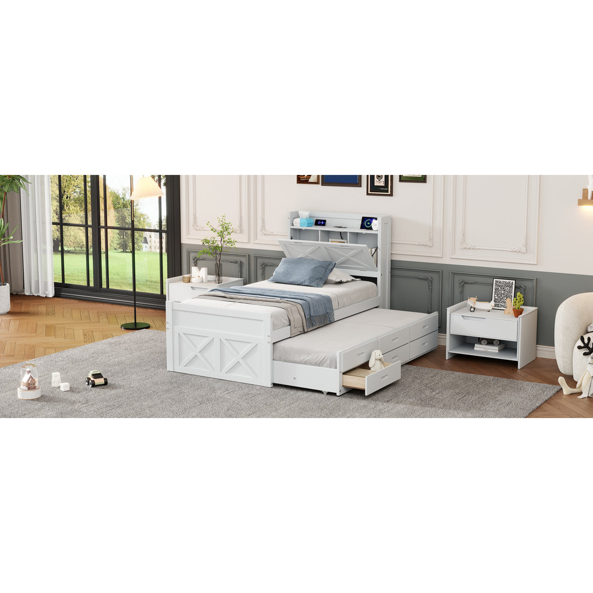 variant-group:rf-n733s172839k|Roomfitters Twin Size Wooden Bed with Storage Headboard, Functional Outlets, Extendable Frame with Twin Trundle and Smart Storage, White