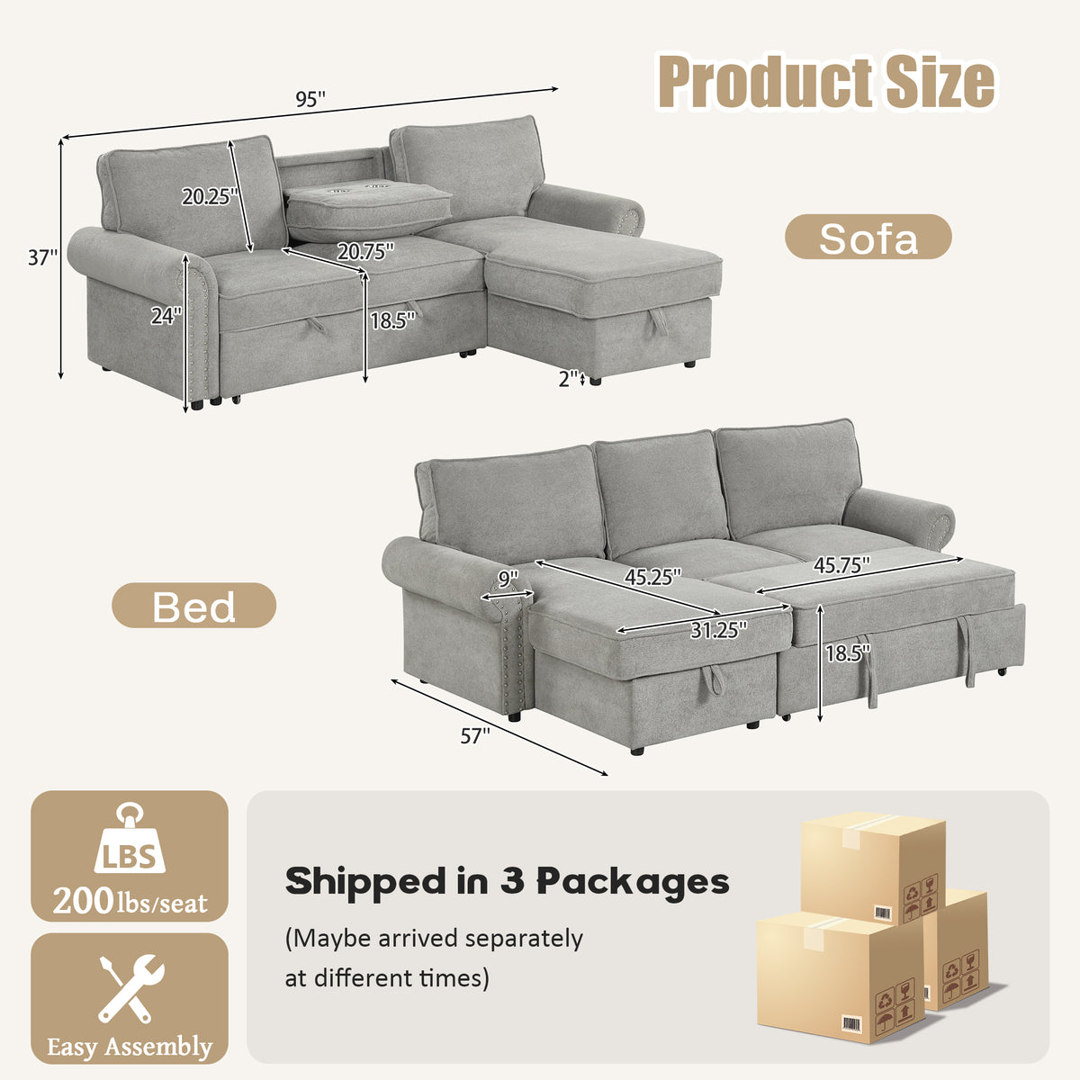 variant-group:rf-n711wy000466aae|Roomfitters 95" Convertible Sectional Sleeper Sofa L-Shaped Couch with Storage Chaise and Pull Out Bed for Living Room, Grey