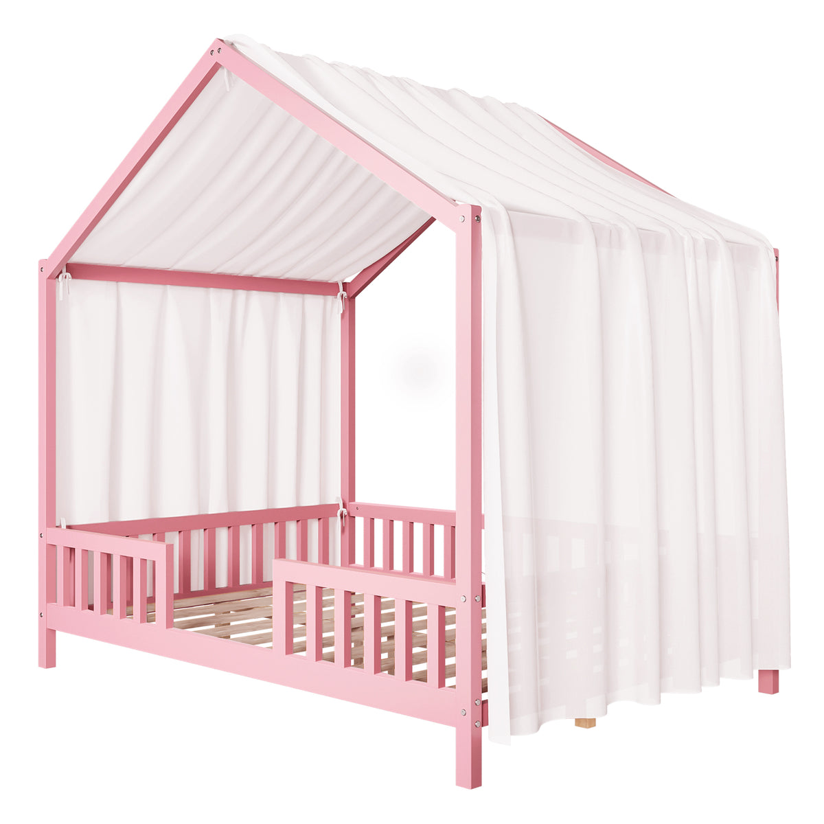 variant-group:rf-n733p356048h|Roomfitters Full Montessori Floor Bed with Canopy, House Shape Wood Frame with Safety Rails, Platform Bed, Pink