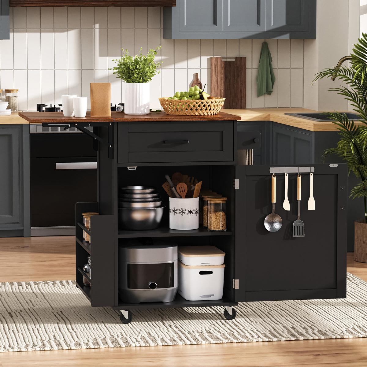 variant-group:rf-n707p404539b|Roomfitters 39.3" Kitchen Island with Drop Leaf, Rolling Kitchen Cart with Storage Drawer and Spice Rack, Modern Style, Black