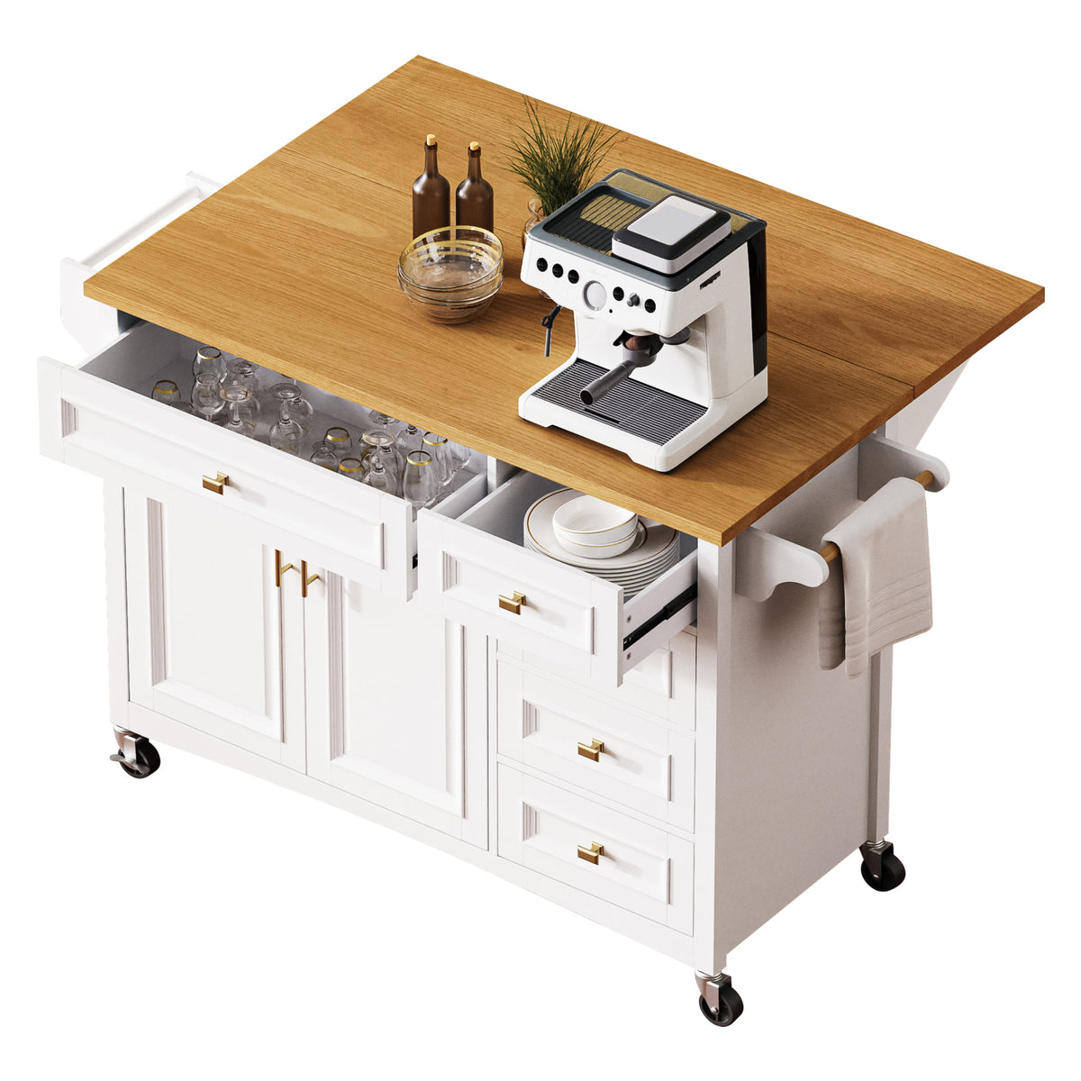 variant-group:rf-n707p195393w|Roomfitters 52" Kitchen Island with Drop Leaf, Rolling Kitchen Cart with Storage Cabinet, Spice Rack, Towel Rack, Adjustable Shelf, White