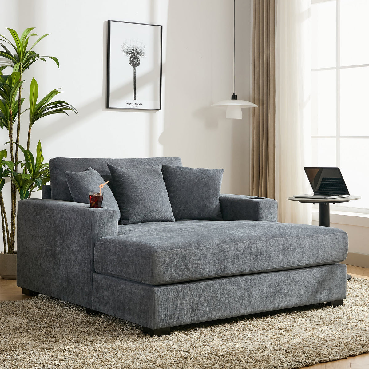 Roomfitters Oversized Chaise Lounger Sofa Couch, Upholstered Accent Chair Charge Station Cup Holders, Blue Gray