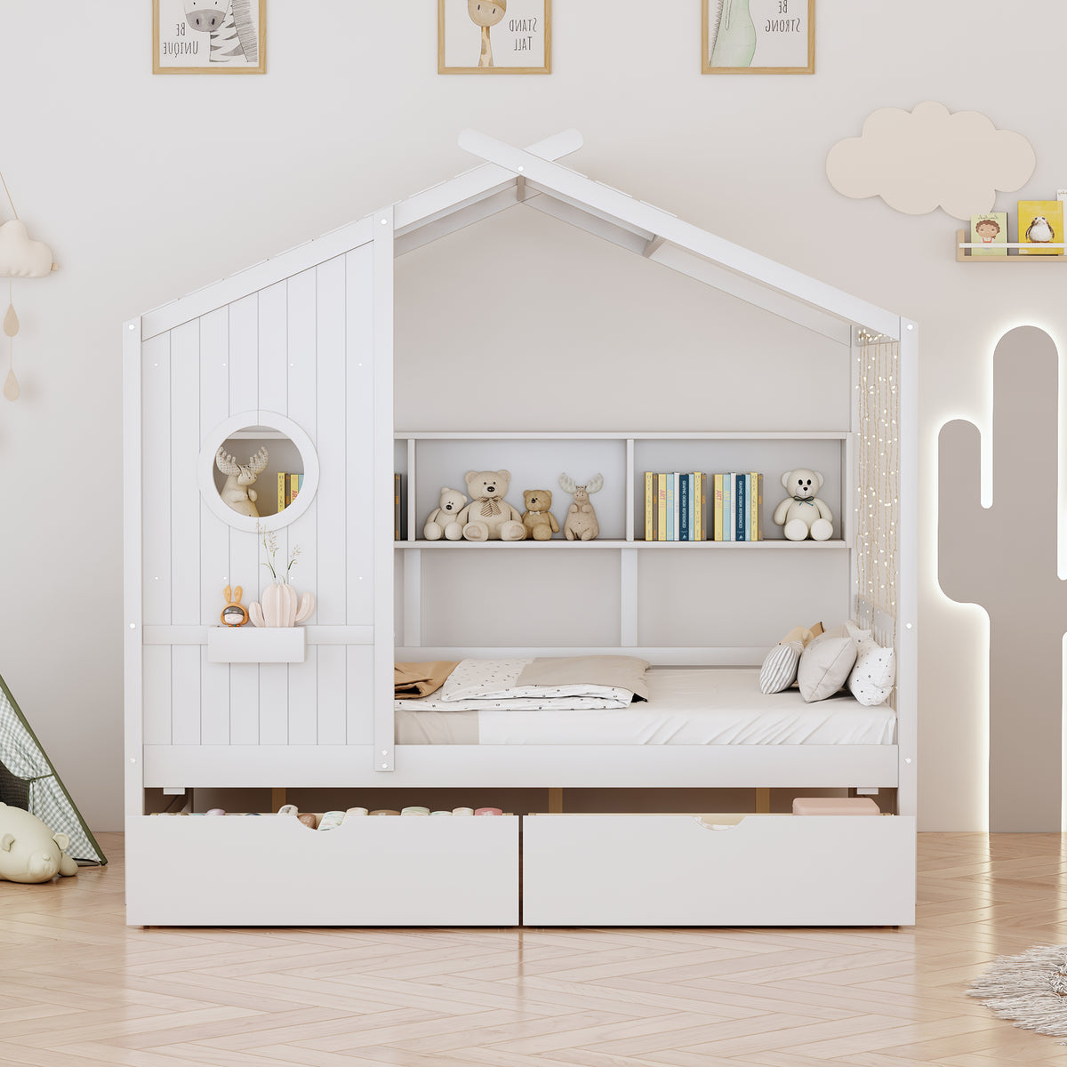 variant-group:rf-n733s308487k|Roomfitters Wooden Full Size House Bed with 2 Drawers and Storage Shelf, White