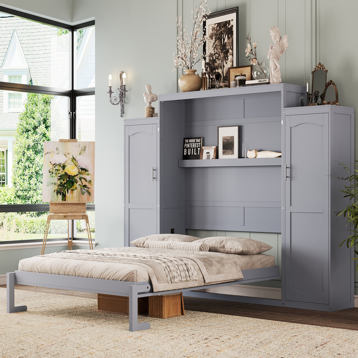 variant-group:rf-n733s235627e|Roomfitters Queen Murphy Wall Bed with Two Wardrobes and Storage Shelf, Foldable Platform Bed Frame for Guest Room, Gray