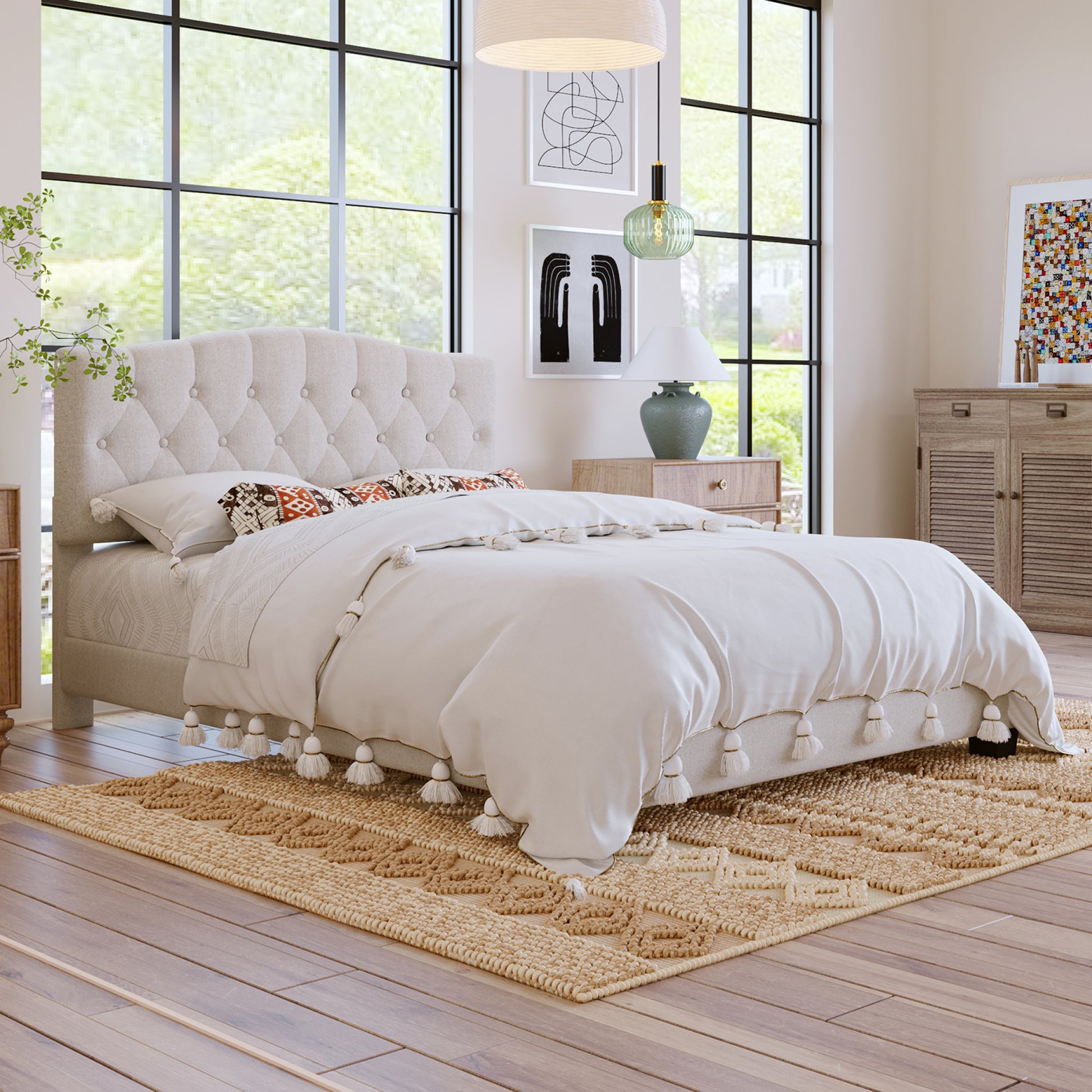 variant-group:rf-n701p342915b|Roomfitters Queen Size Elegant Tufted Upholstered Platform Bed Frame, Diamond Button Headboard, No Box Spring Needed, Beige