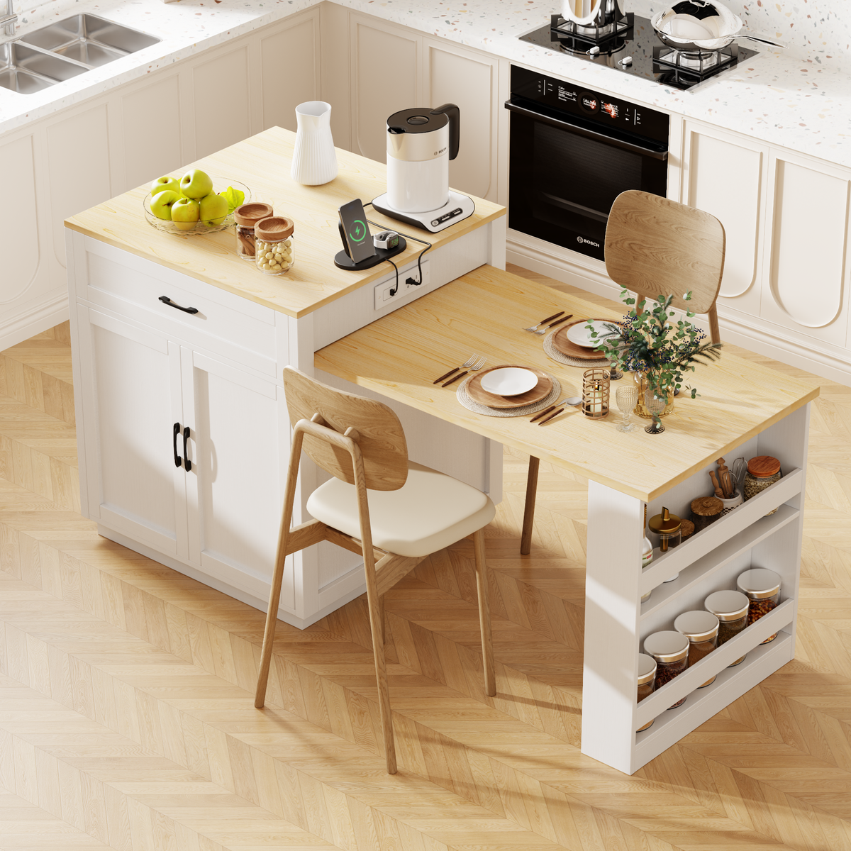 variant-group:rf-n707s000010w|Roomfitters 82.7" Kitchen Island with Extendable Table, Two-Tone Design, Double Storage, Power Outlet, White