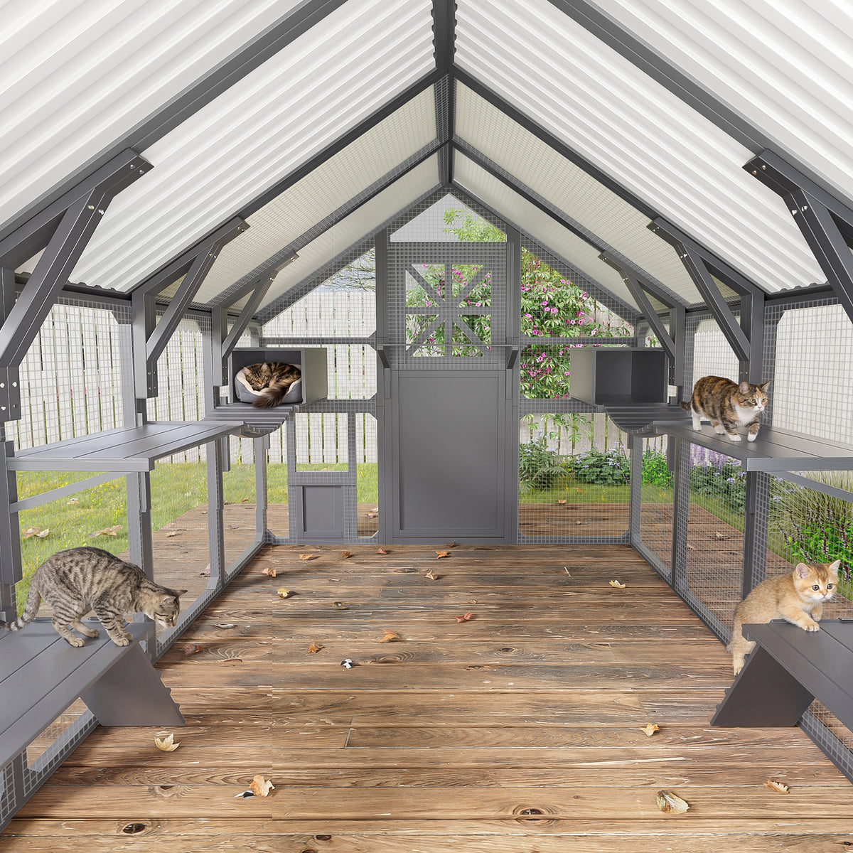 variant-group:rf-n704g201618e|Roomfitters Extra Large Outdoor Catio Cat Enclosure with Cooling PVC Roof and Insulated Boxes Gray