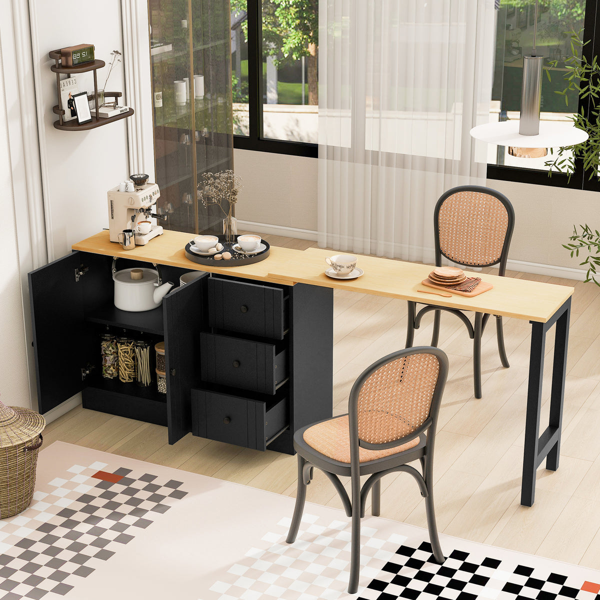 variant-group:rf-n711p334768o|Roomfitters Extendable Sideboard Buffet Cabinet with Storage, Multifunctional Console Table for Dining Room, Black+Natural