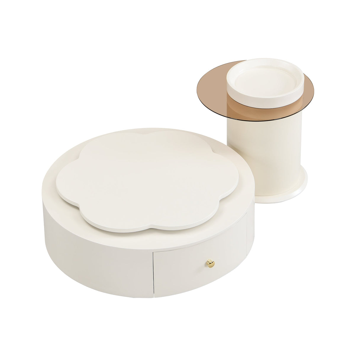 Roomfitters Rotatable Round Coffee Table Set of 2 with Flower-Shaped Top and Glass End Table, Off White Roomfitters