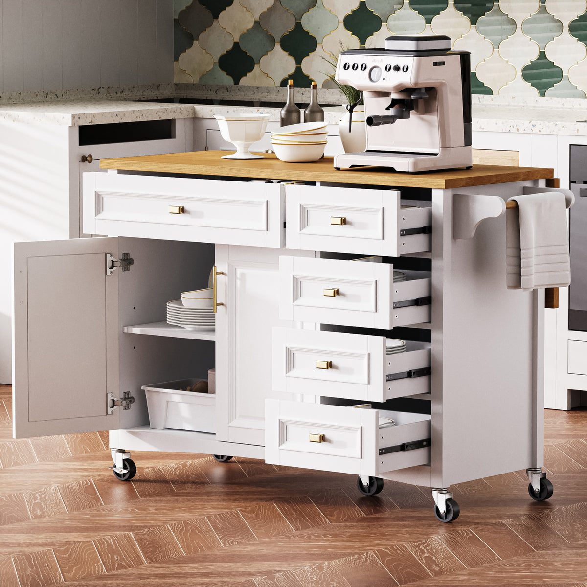 variant-group:rf-n707p195393w|Roomfitters 52" Kitchen Island with Drop Leaf, Rolling Kitchen Cart with Storage Cabinet, Spice Rack, Towel Rack, Adjustable Shelf, White