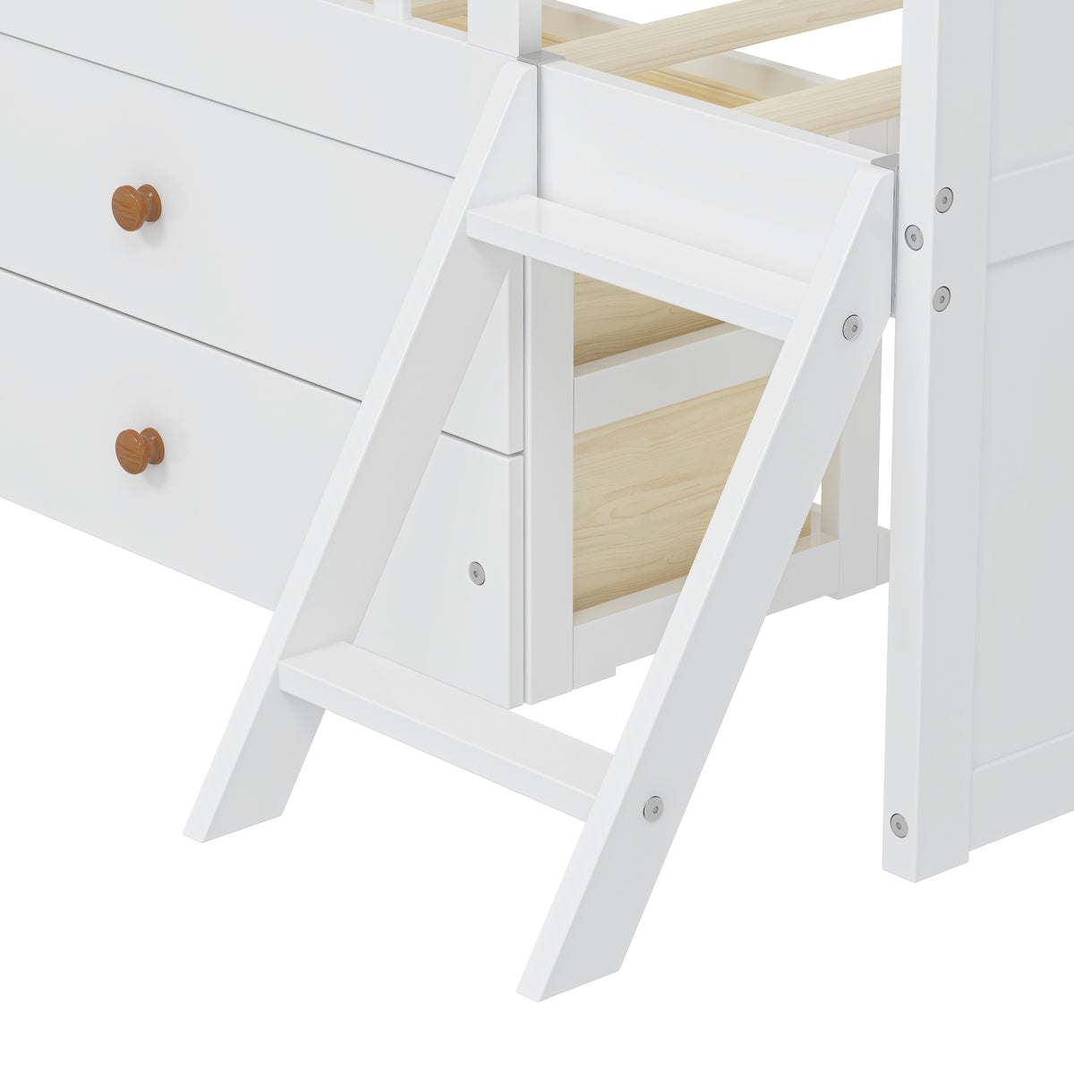 variant-group:rf-n733s278032k|Roomfitters Twin Platform Bed Frame with Four Drawers, Wooden Kids Bed with Guardrail Headboard and Ladder, White