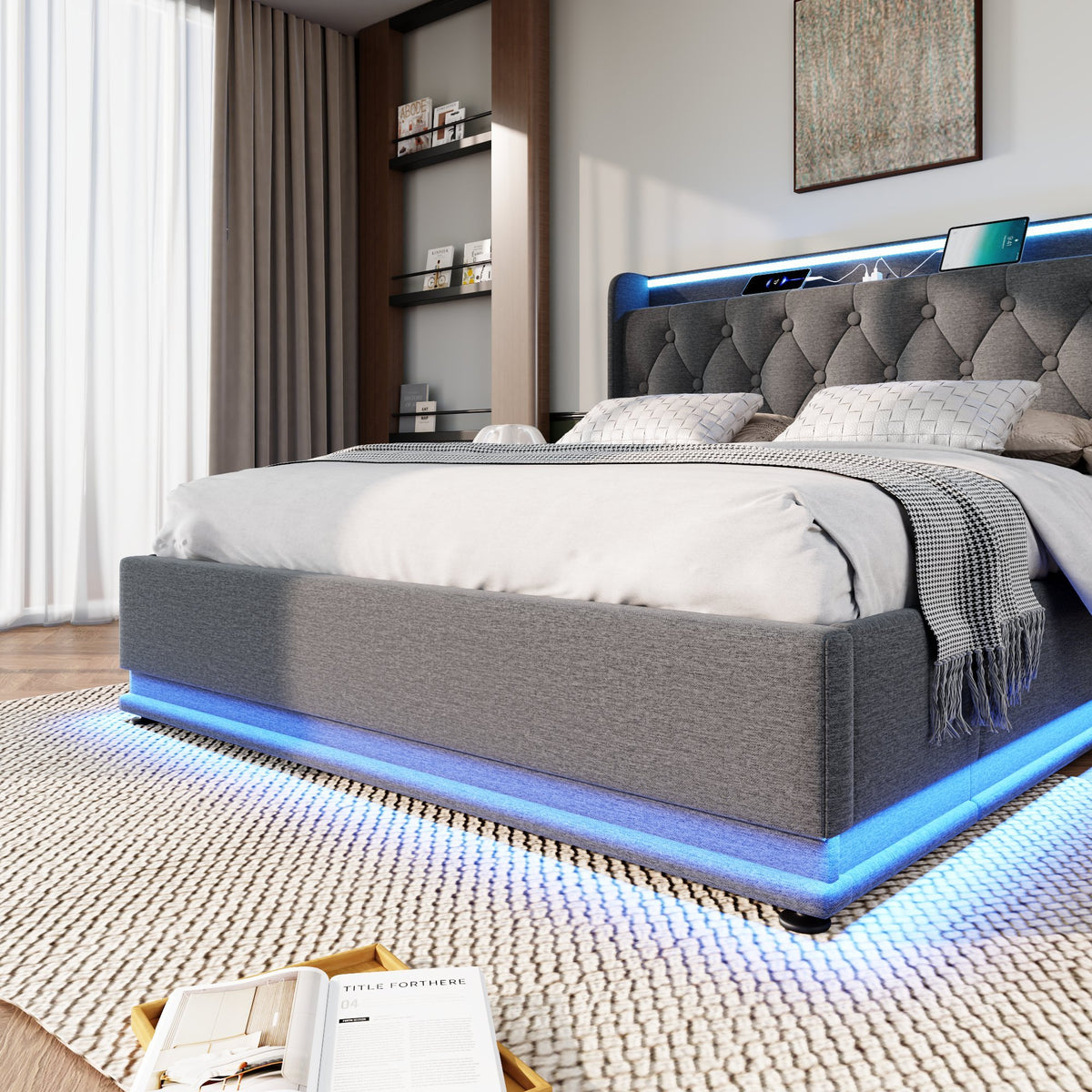 variant-group:rf-n736p188806g|Roomfitters Full Size Upholstered Storage Bed with USB Type-C Charging and Remote Control, Linen Gray