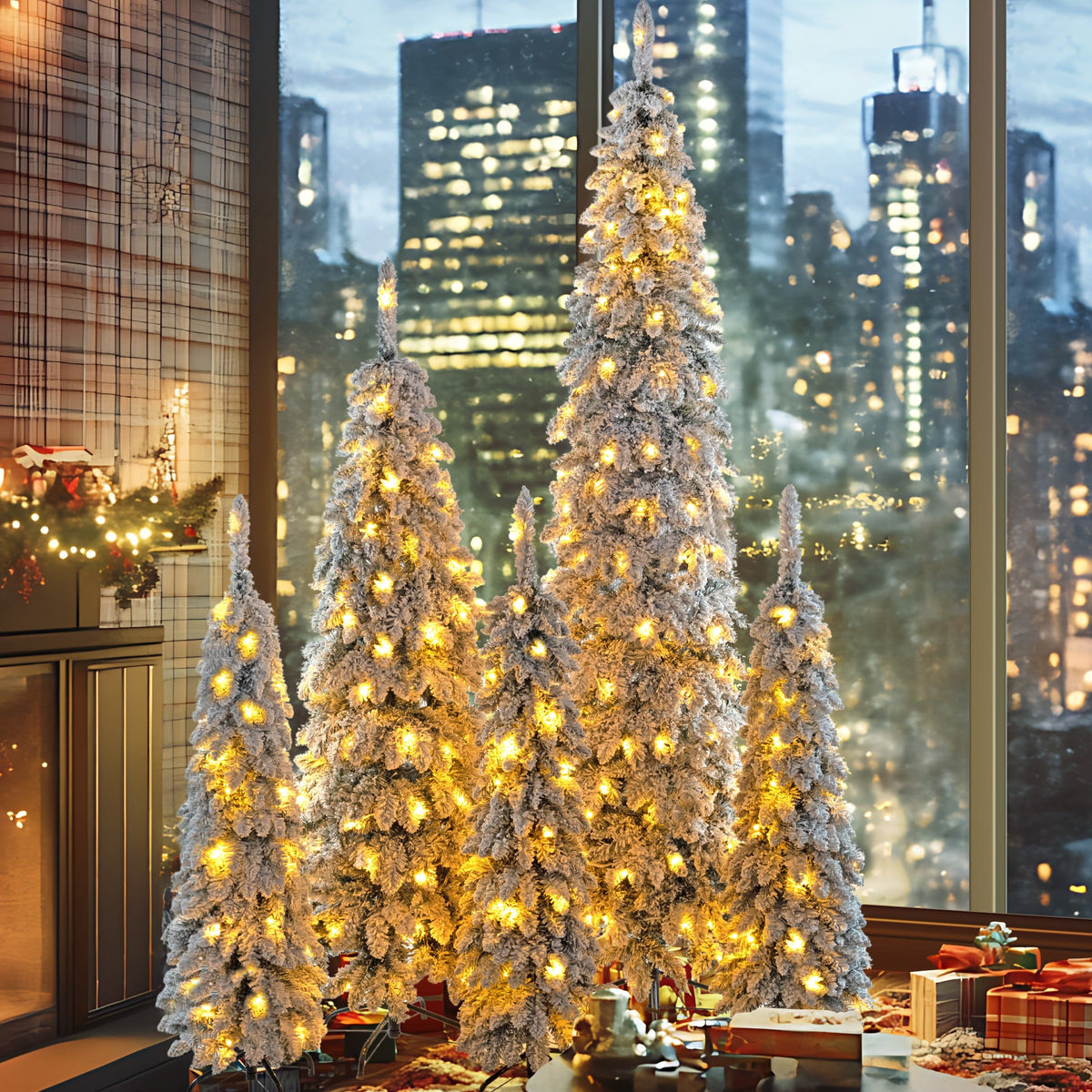 Roomfitters Pre-Lit Pencil Christmas Tree Set 8FT 6FT 4FT, 5-Pack Slim Snow-Flocked Artificial Trees with 1820 Tips, White Roomfitters