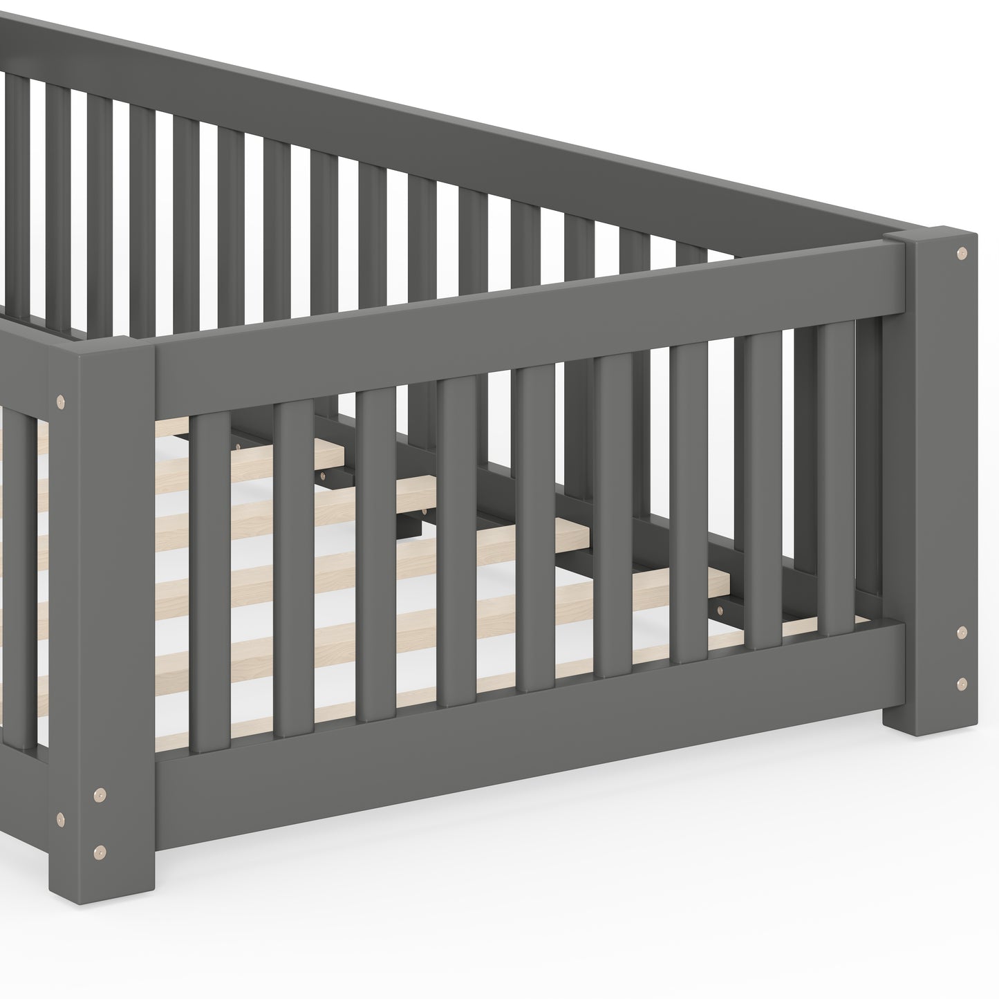 variant-group:rf-w1580p462312|Roomfitters Twin Size Wooden Floor Bed Frame with Safety Guardrails Door, Solid Wood Low Profile Toddler Play Bed, Gray