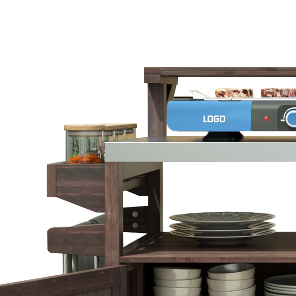 variant-group:rf-n707p250628z|Roomfitters 53.3" Outdoor Kitchen Island with Raised Shelf, Wood Storage Cabinet, Stainless Steel Top, Rolling Grill Cart, Brown
