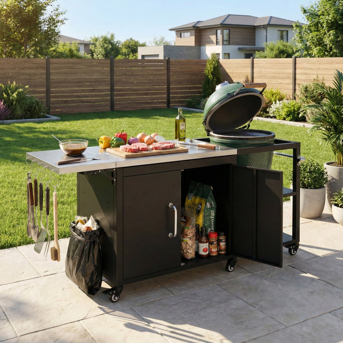 Roomfitters 76.6" Grill Cart with Stainless Steel Top and Kamado Nest, Folding Drop Leaf Prep Station, Mobile Cabinet, Black