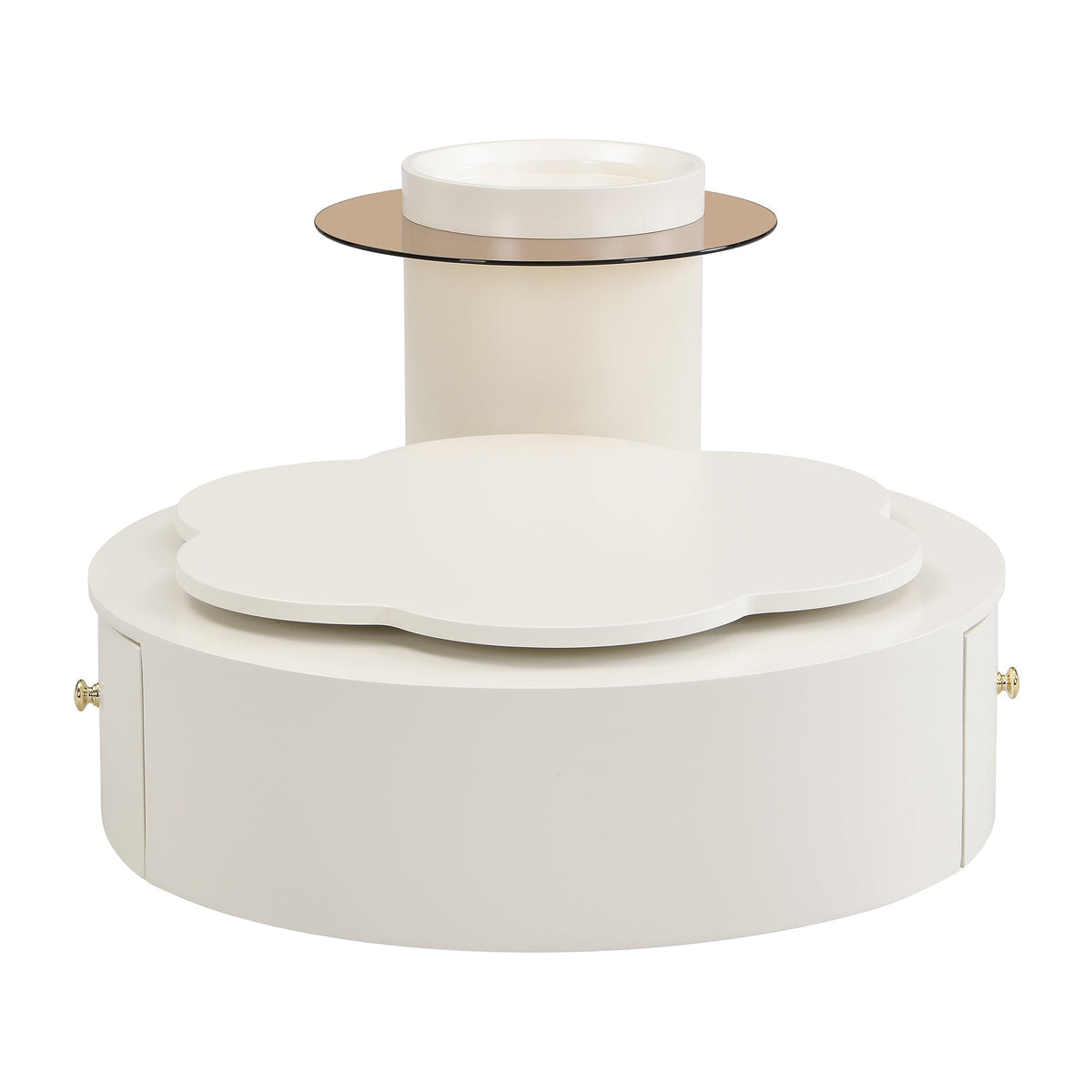 Roomfitters Rotatable Round Coffee Table Set of 2 with Flower-Shaped Top and Glass End Table, Off White Roomfitters