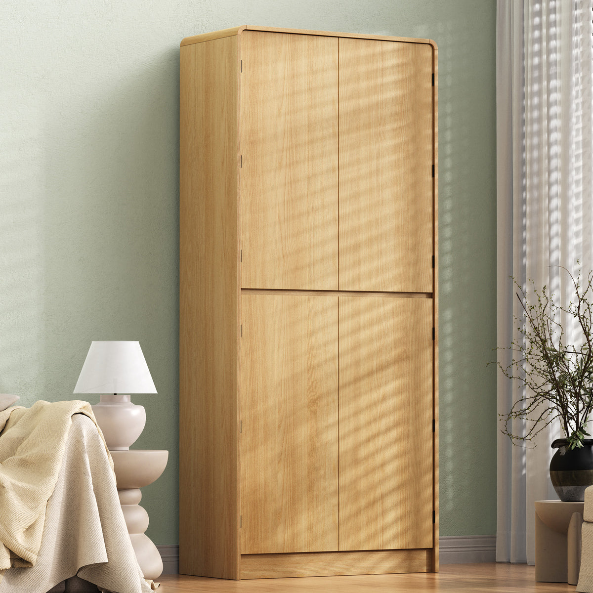 variant-group:rf-n707s000021y|Roomfitters 72" Tall Farmhouse Kitchen Pantry Cabinet with Curved Profile & 8 Door Shelves, Natural Oak