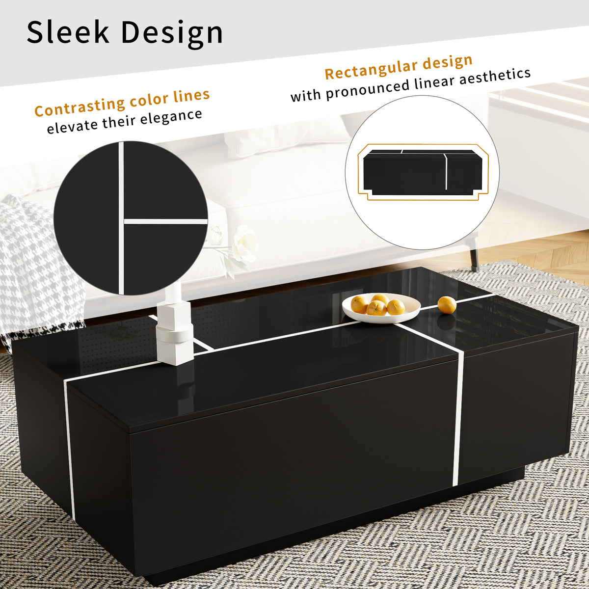 variant-group:rf-n724p292070b|Roomfitters Glossy Extendable Coffee Table with 2 Drawers and Hidden Storage Compartments, Multi-Functional Design, Black