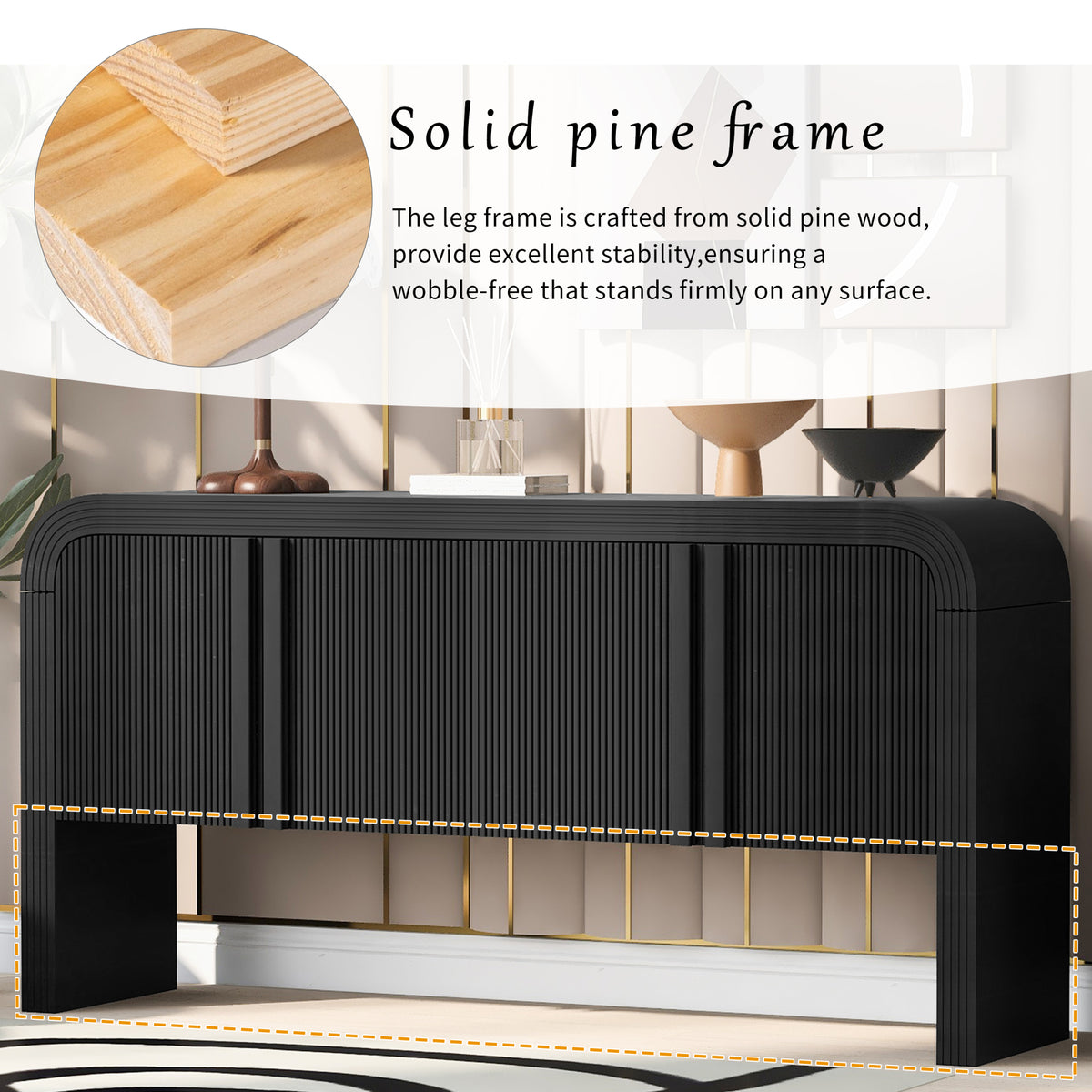 variant-group:rf-n711p415846b|Roomfitters Modern Rustic Black Curved Wave Pattern Console Table with Adjustable Storage Shelf and Elegant Wooden Handles