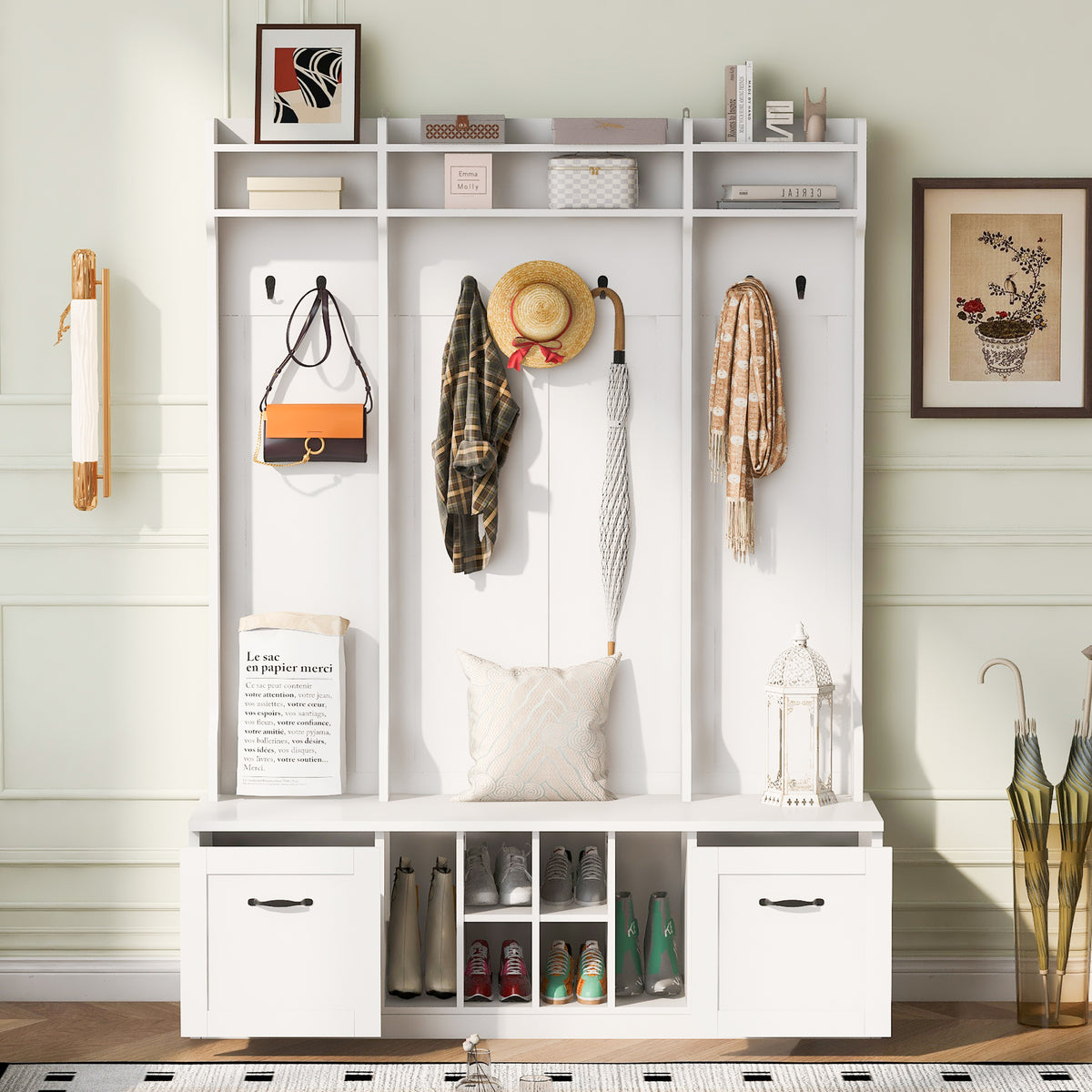 variant-group:rf-n724p235232k|Roomfitters 5-in-1 Entryway Bench with Coat Rack, Hooks, Drawers and Adjustable Shelves, Hall Tree for Hallway or Living Room, White