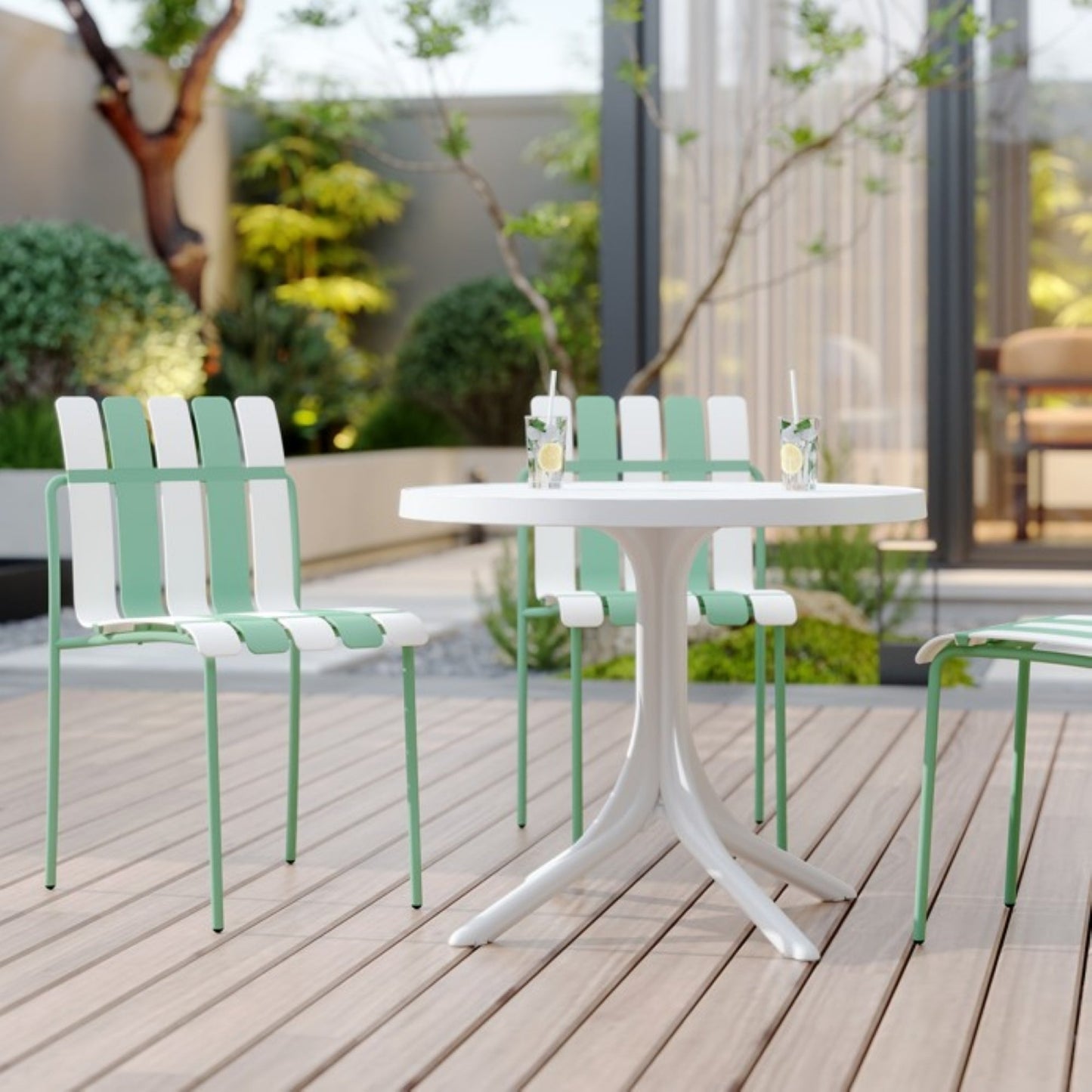 Summer- 4-Pack Modern Striped Color Block Chairs - Waterproof PP Seat & Sturdy Metal Legs, Indoor/Outdoor Dining Set for Patio, Balcony, Café (White & Green) Roomfitters