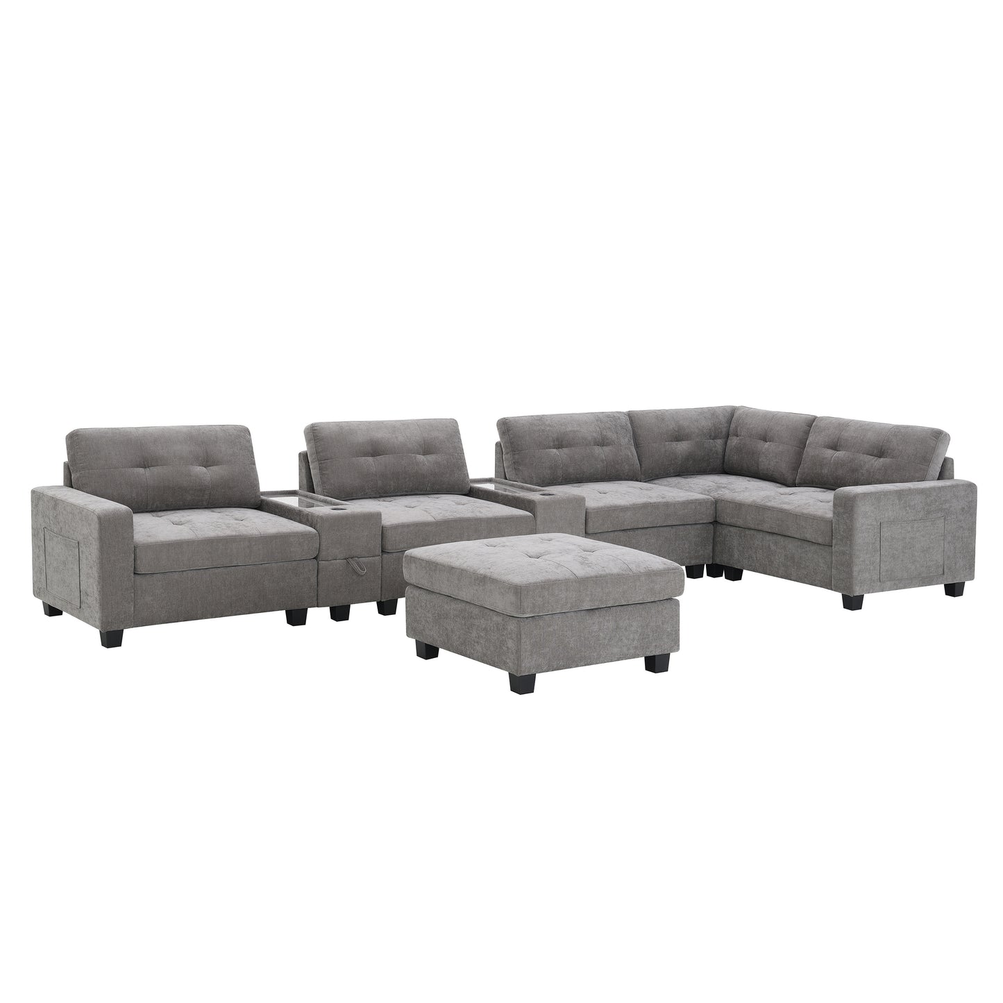 variant-group:rf-n723s1191e|Roomfitters 104 Inch Modular Sectional Sofa with Console and Cup Holders, Upholstered L-Shape Couch for Home Decor, Gray