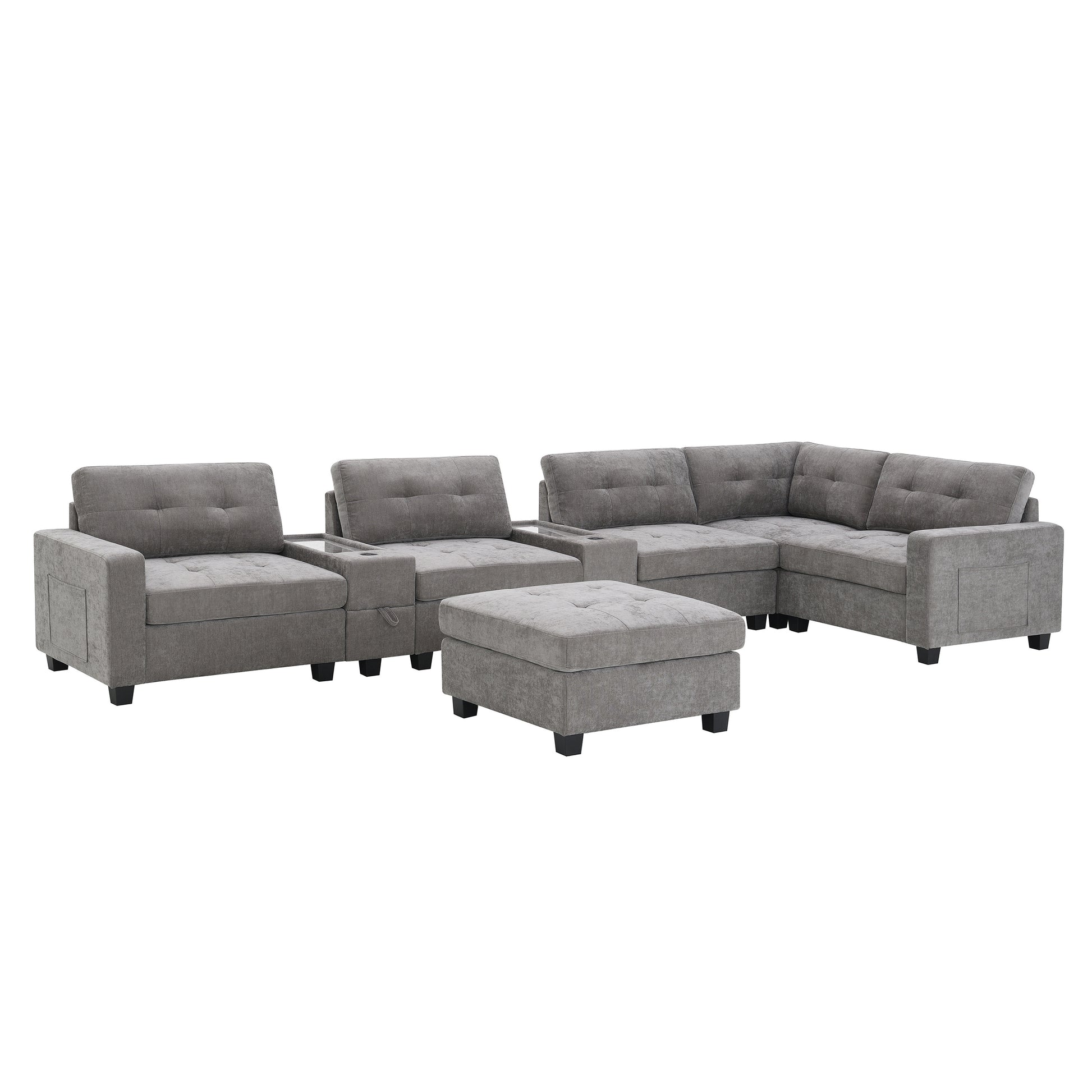 variant-group:rf-n723s1191e|Roomfitters 104 Inch Modular Sectional Sofa with Console and Cup Holders, Upholstered L-Shape Couch for Home Decor, Gray