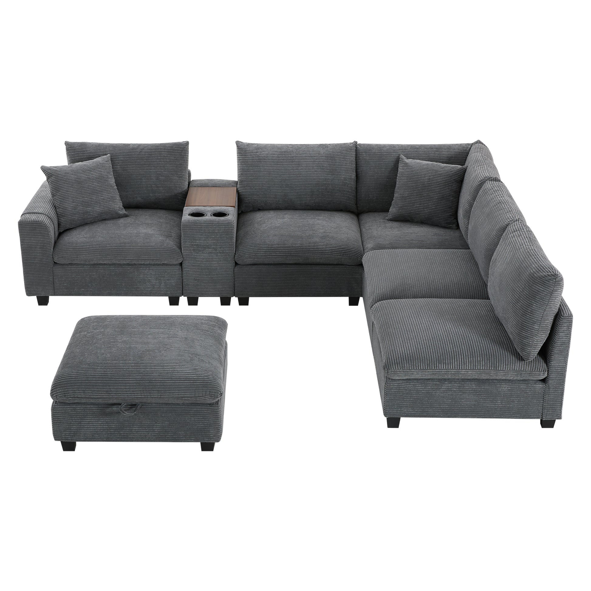 variant-group:rf-n723s1166e|Roomfitters 139 Inch U-Shaped Modular Sectional Sofa with Storage Console, Cup Holders and USB Ports for Living Room, Gray