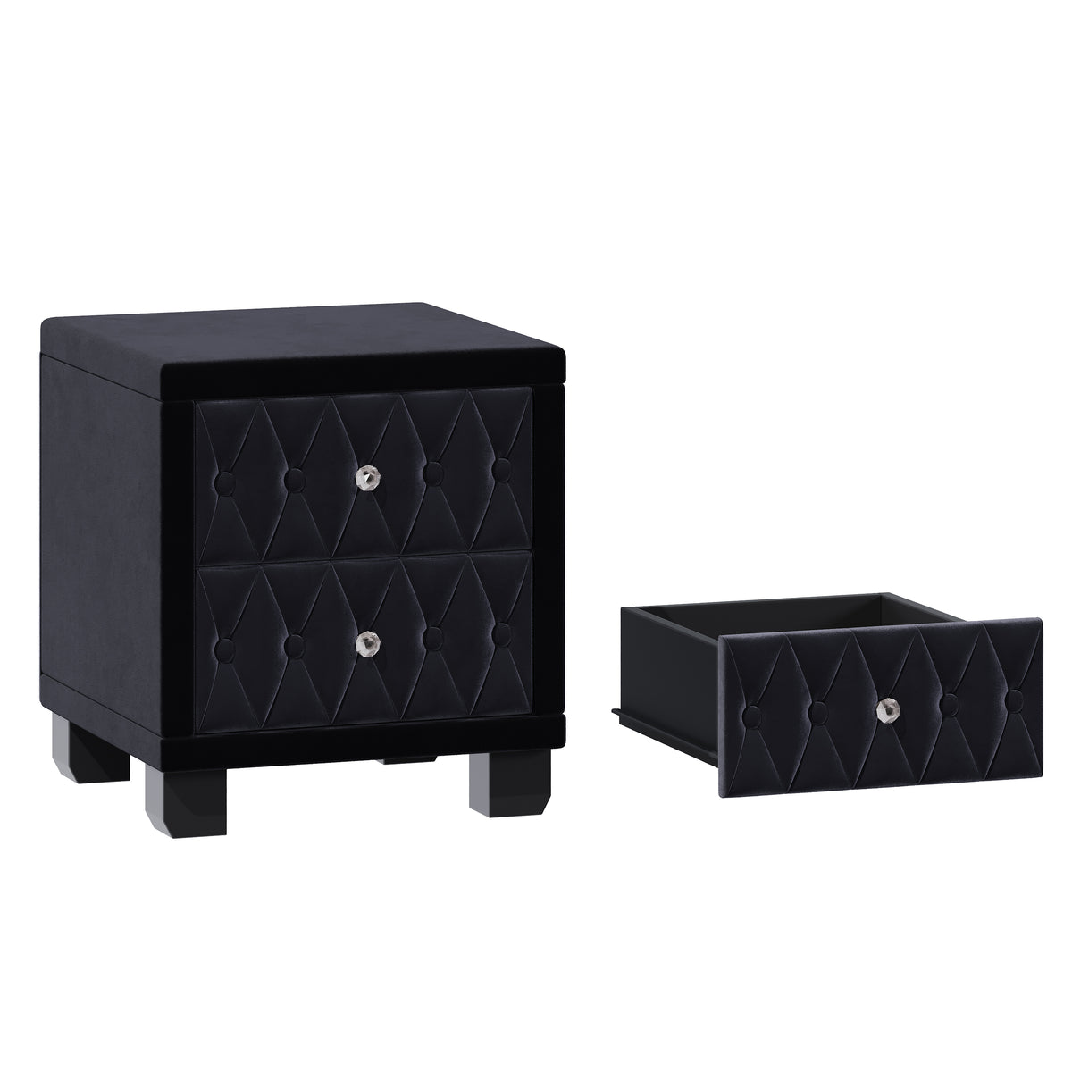 variant-group:rf-n733p210398b|Roomfitters Velvet Nightstand with Crystal Handles, Button-Tufted Upholstered Bedside Table with Two Storage Compartments, Black