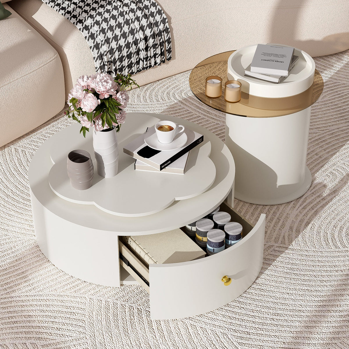 Roomfitters Rotatable Round Coffee Table Set of 2 with Flower-Shaped Top and Glass End Table, Off White Roomfitters