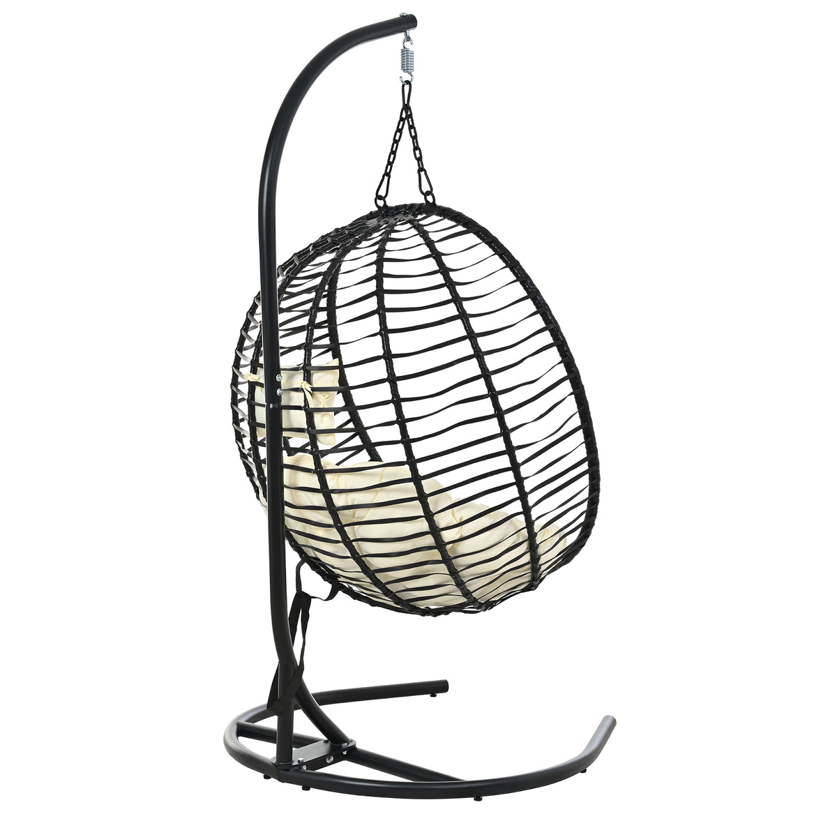 variant-group:rf-n711p389503a|Roomfitters Single Person Folding Egg Chair with Stand, UV Resistant Wicker Rattan Swing for Patio, Garden, Black+Beige