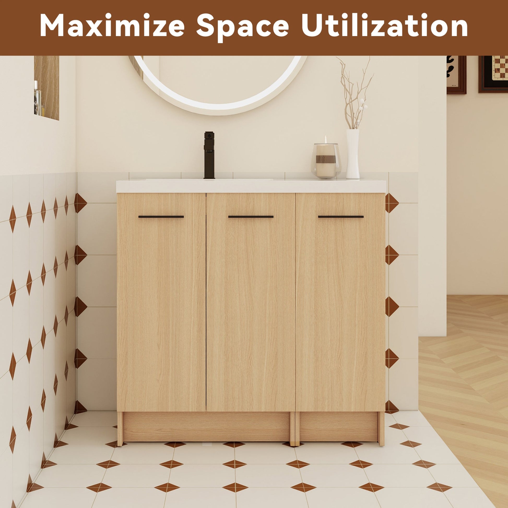36" Modular Freestanding Bathroom Vanity with 36" Resin Sink Top, Light Oak, 2-Piece Cabinet (24" 2-Door + 12" 1-Door), KD Cabinet, Includes Black & Brushed Aluminum Handles Roomfitters