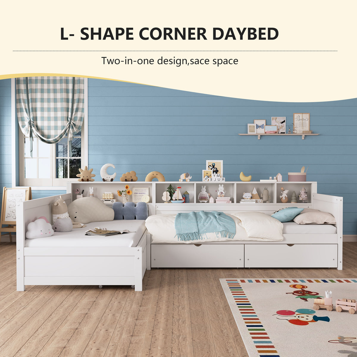 variant-group:rf-n733s369272k|Roomfitters Twin L-Shaped Daybed for 2 with 3 Storage Drawers, Wooden Corner Bed Frame with Bookshelf for Bedroom, White