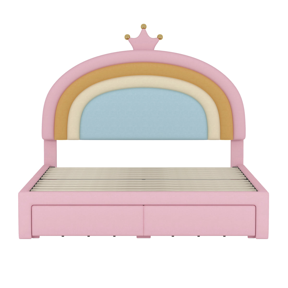 variant-group:rf-n733p234609h|Roomfitters Full Size Upholstered Rainbow Design Bed, Velvet Princess Platform Bed with Storage Drawer, No Box-spring Needed, Colorful & Pink