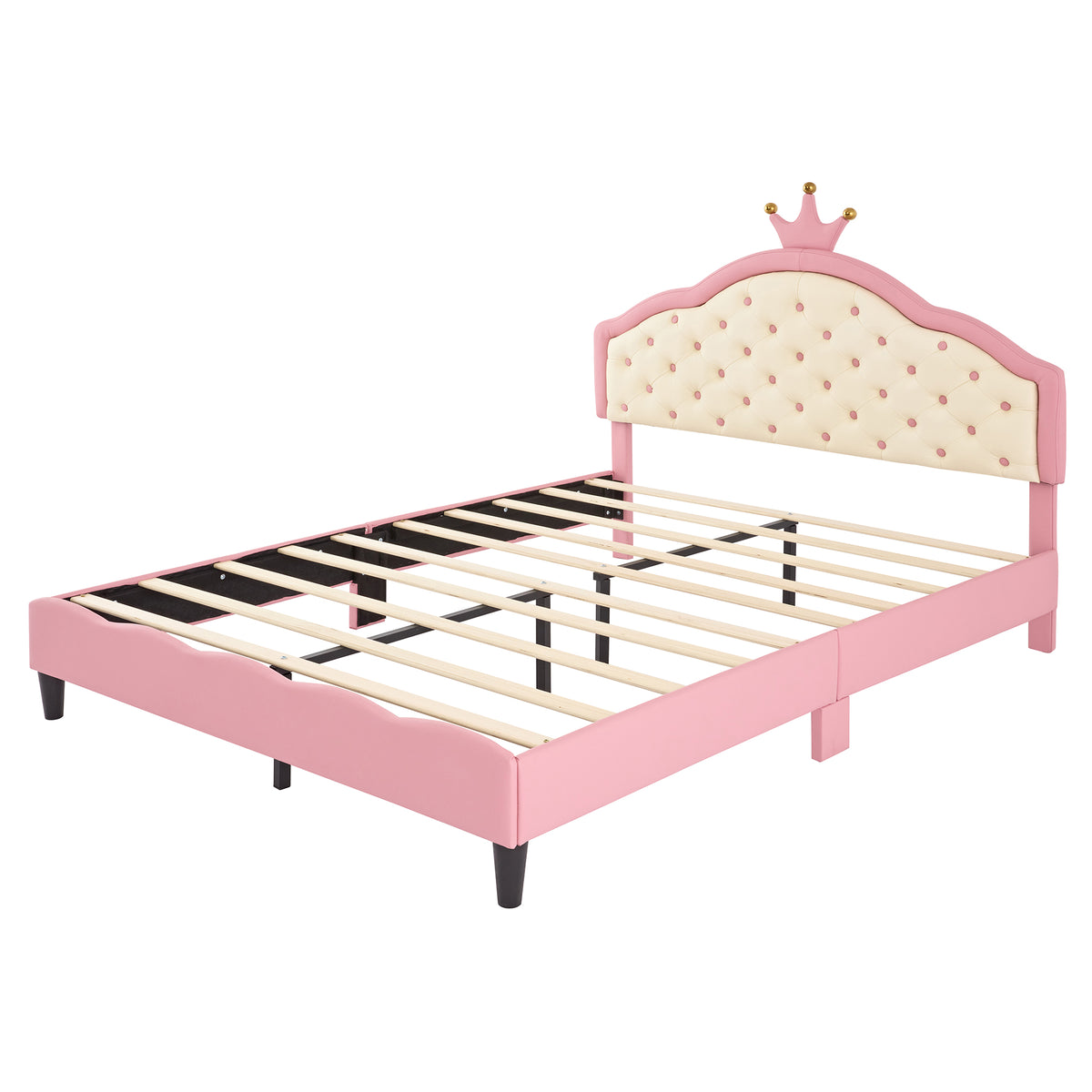 variant-group:rf-n733p198762h|Roomfitters Full Size Upholstered Princess Bed with Crown Design, Elegant PU Leather Platform Bed with Tufted Headboard for a Stylish Bedroom, Pink + Cream