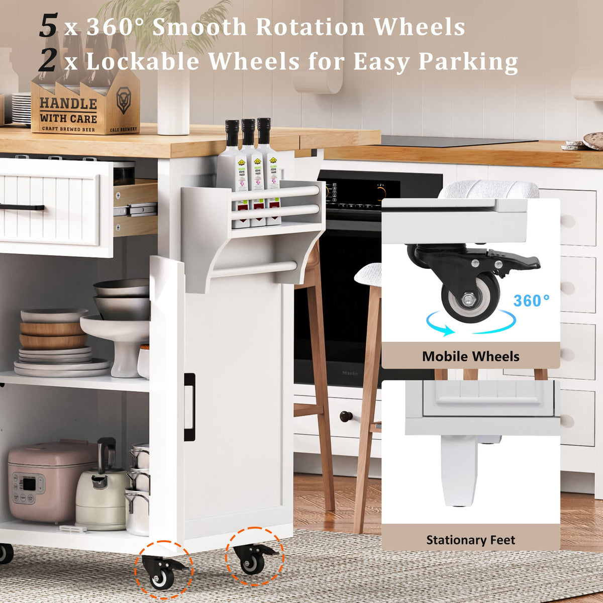 Roomfitters 56.5" Kitchen Island with Drop Leaf, Rolling Kitchen Cart with 5 Storage Drawers, Spice Rack & Towel Holder, White