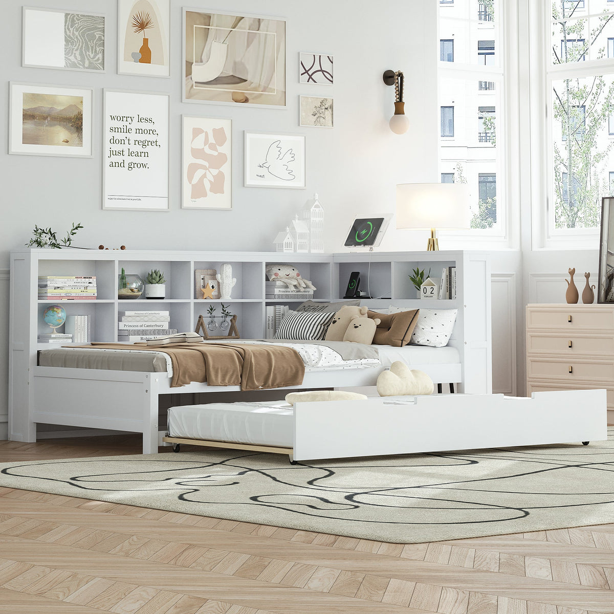 Roomfitters Wooden Twin Daybed with Twin Trundle, Storage Shelf & USB Charging Ports, White